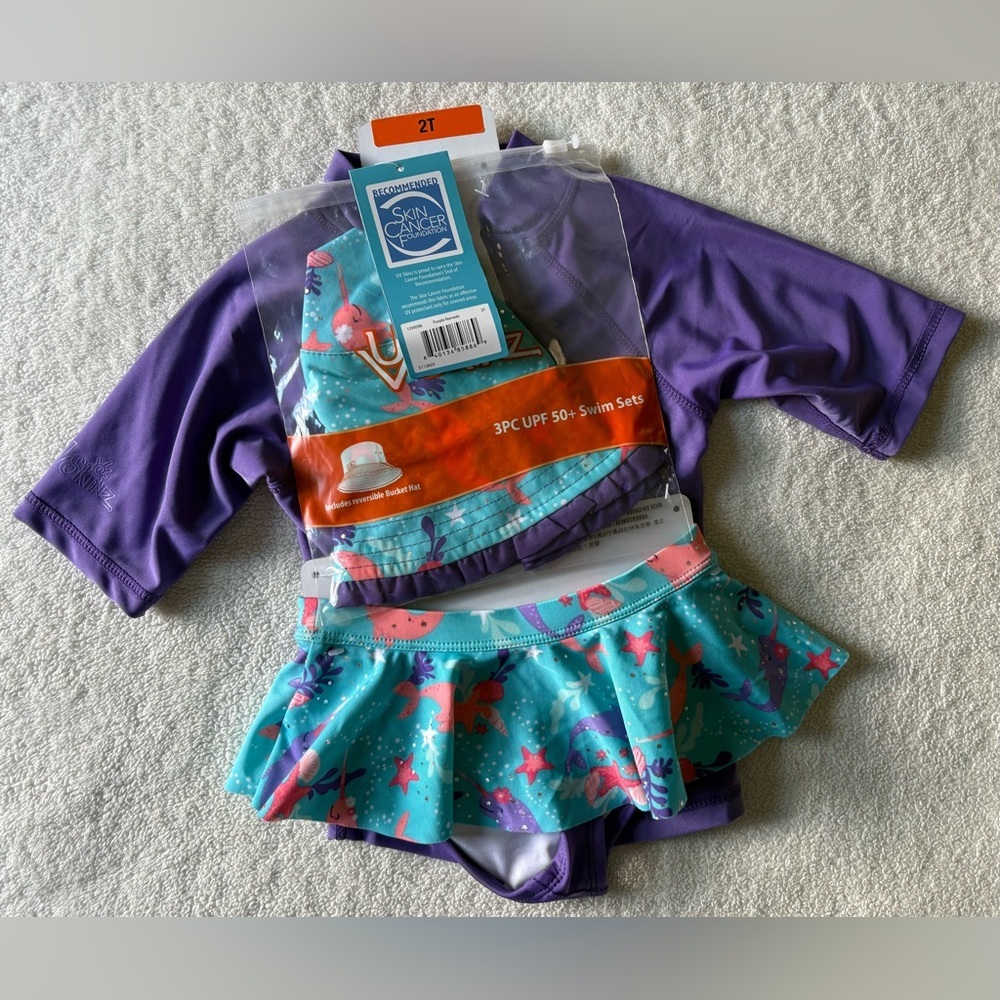 UV Skinz 3 Piece Swim Set, purple. Size 2T. NWT. Narwhal Print